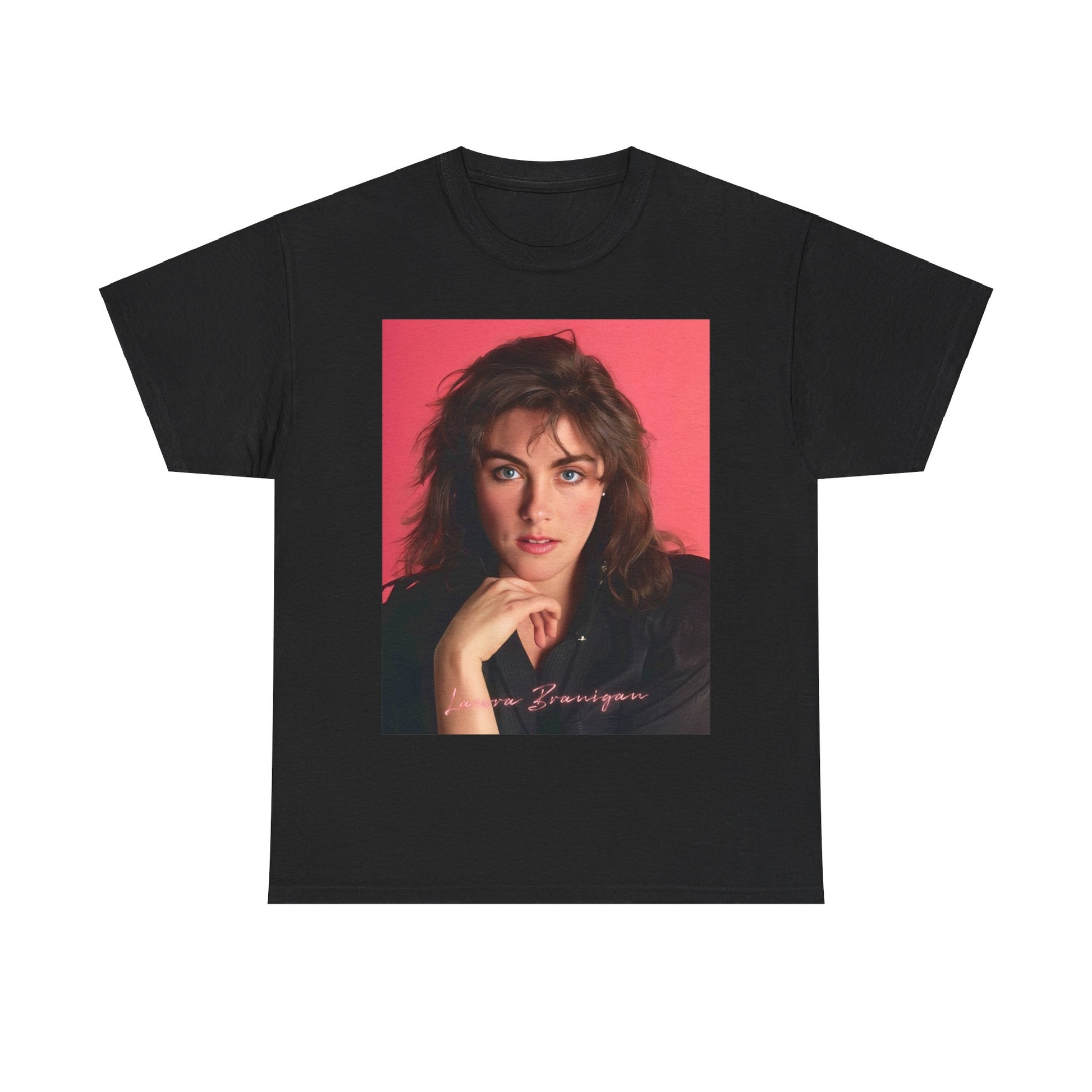 A black graphic t-shirt featuring a vintage 80s pop diva graphic of Laura Branigan.