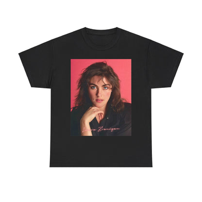 A black graphic t-shirt featuring a vintage 80s pop diva graphic of Laura Branigan.