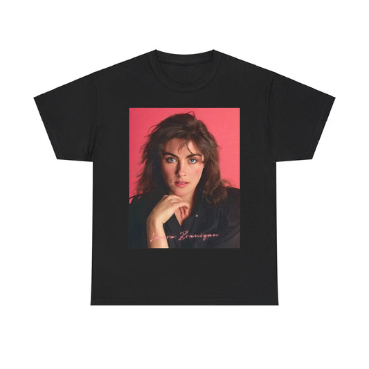 A black graphic t-shirt featuring a vintage 80s pop diva graphic of Laura Branigan.