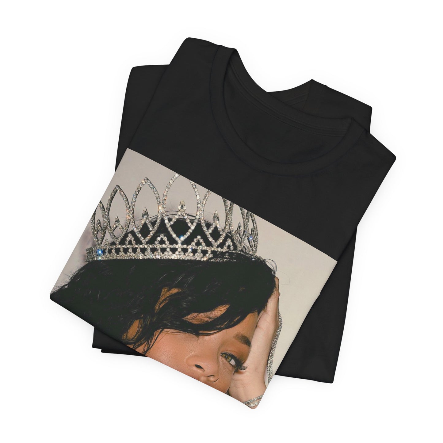 A black graphic t-shirt featuring a Y2K pop aesthetic graphic of Rihanna.