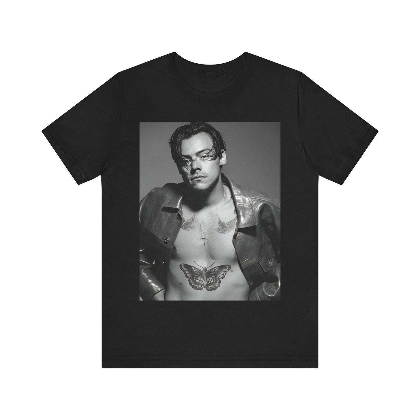 A black graphic t-shirt featuring a black and white portrait photo of Harry Styles.