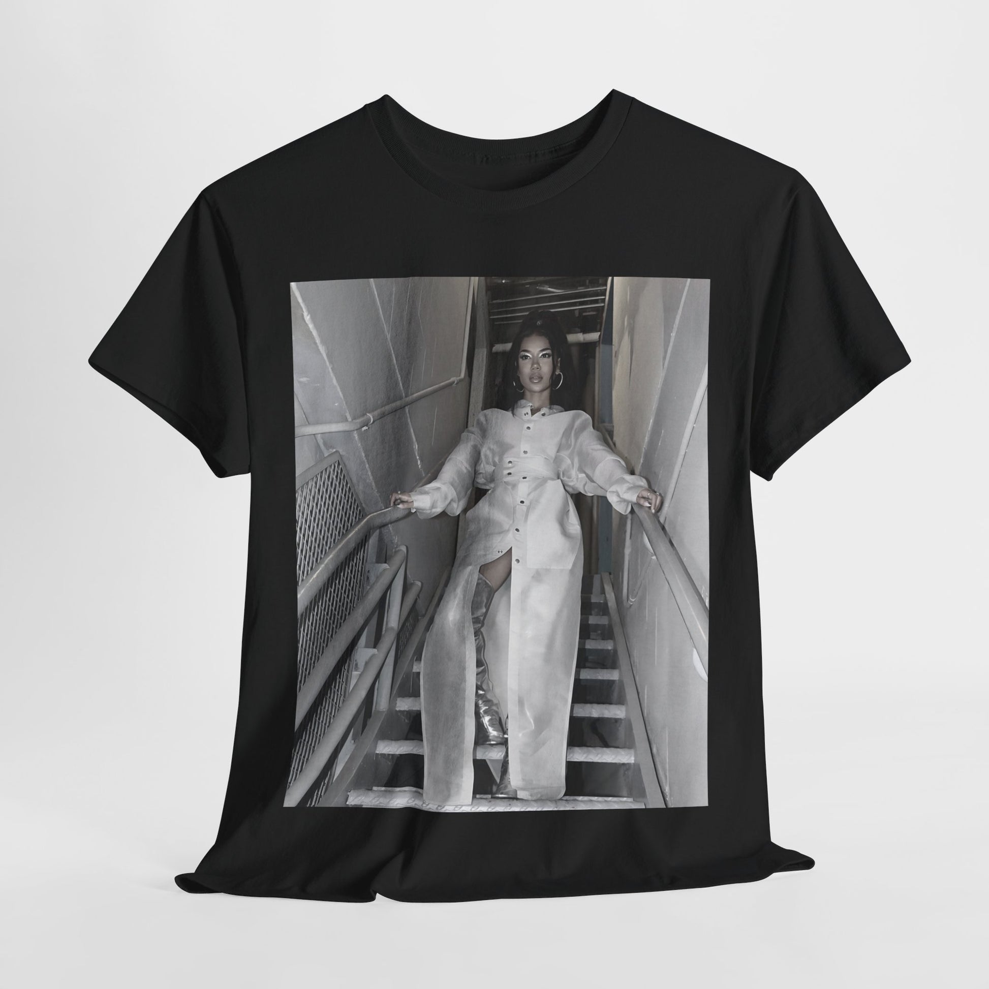 A black graphic t-shirt featuring a graphic or photo of Jhene Aiko in a backstage setting.