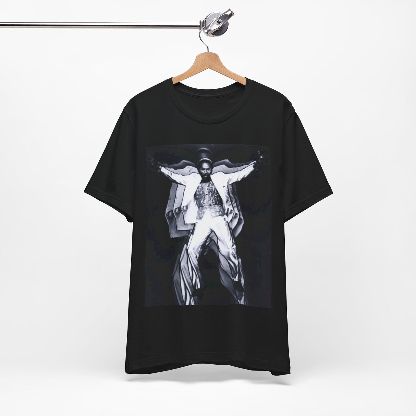 A black graphic t-shirt featuring a 70s aesthetic graphic of Marvin Gaye.