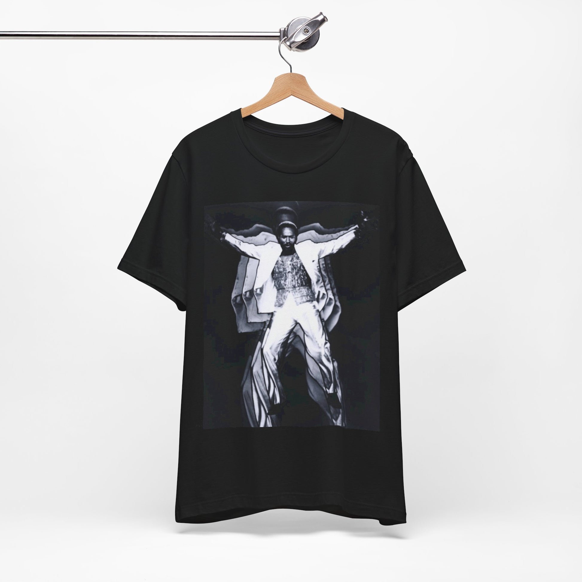 A black graphic t-shirt featuring a 70s aesthetic graphic of Marvin Gaye.