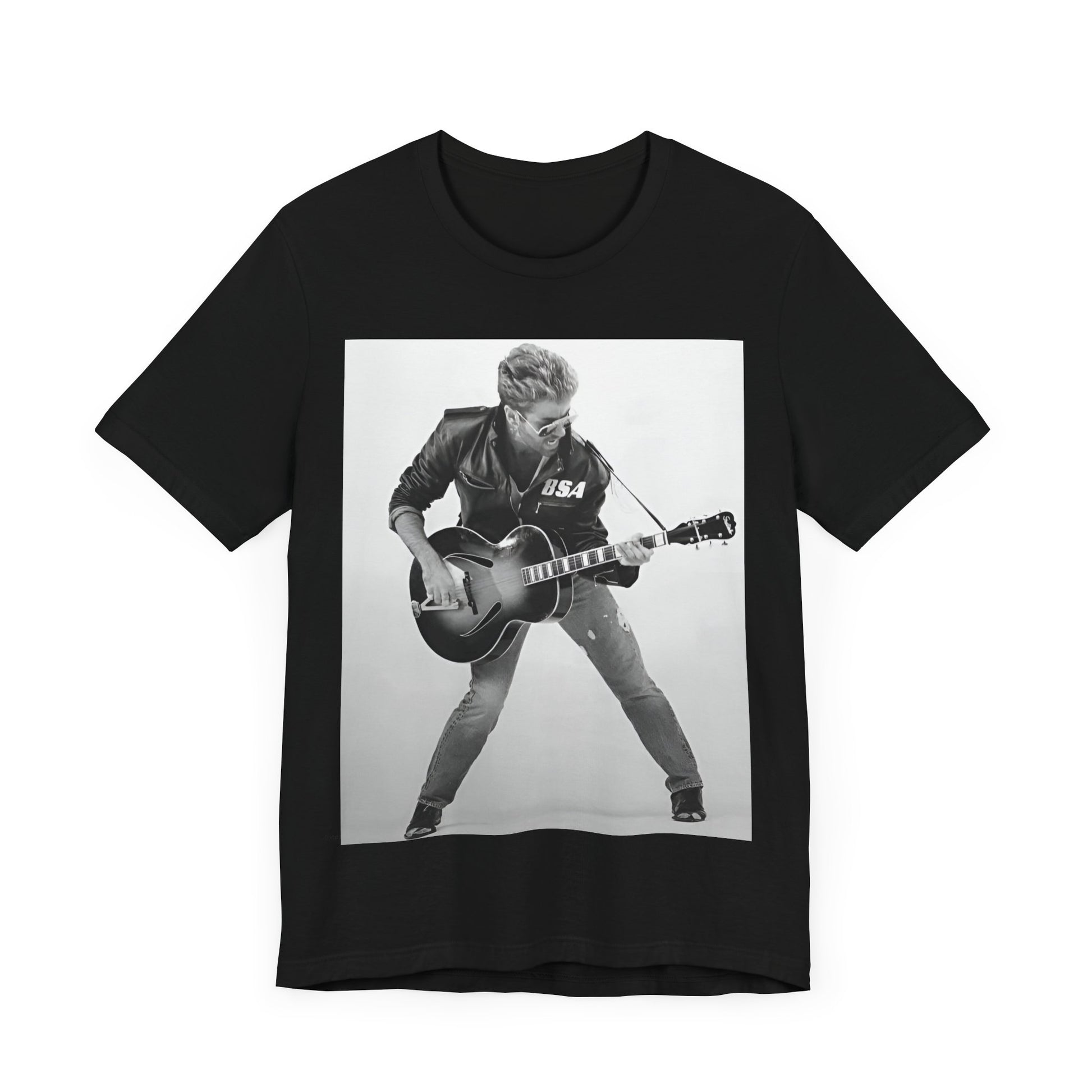 A black graphic t-shirt featuring a graphic of George Michael with a guitar.
