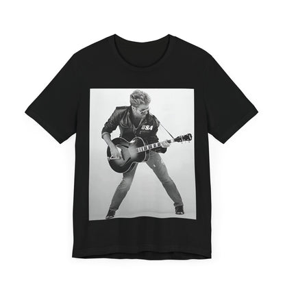 A black graphic t-shirt featuring a graphic of George Michael with a guitar.
