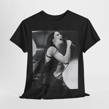 A black graphic t-shirt featuring a concert graphic for Alanis Morissette's 'Jagged Little Pill' Tour from 1995, with tour branding.