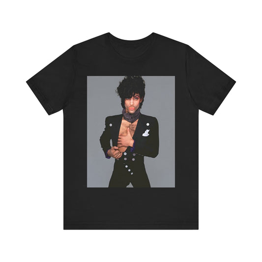 A black graphic t-shirt featuring a 90s vintage funk pop icon graphic of Prince.