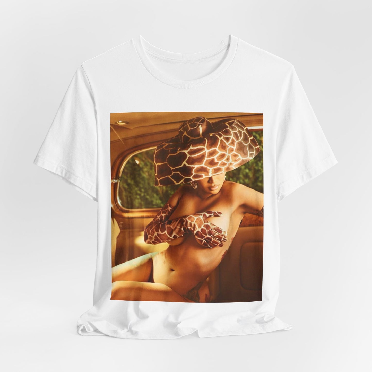 A black graphic t-shirt featuring a graphic of Cardi B as a hip hop culture phenomenon.