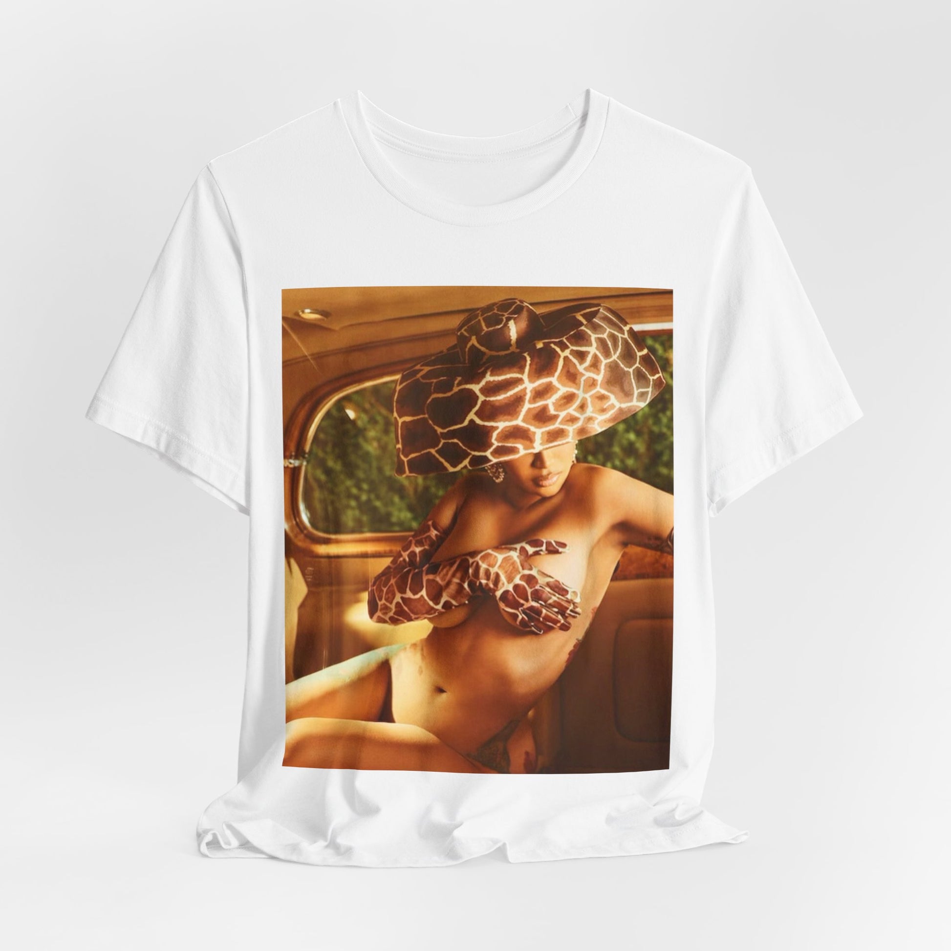 A black graphic t-shirt featuring a graphic of Cardi B as a hip hop culture phenomenon.