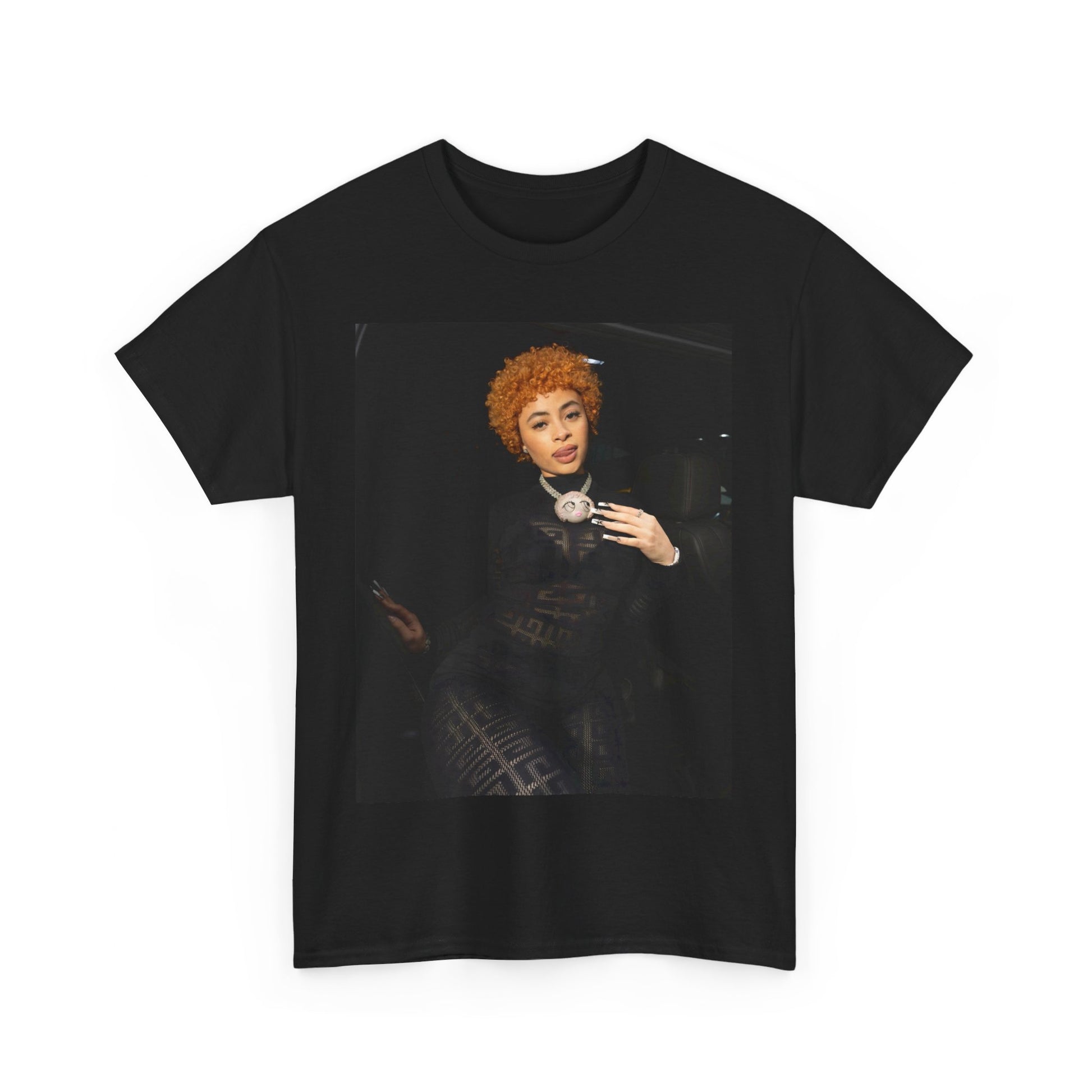 A black graphic t-shirt featuring a graphic of Ice Spice with her classic curly red hair, designed with an aesthetic style.