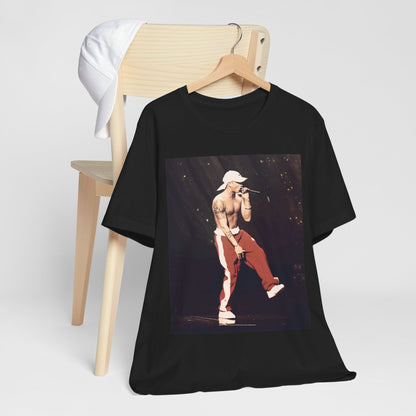 A black graphic t-shirt featuring a graphic inspired by Eminem's film '8 Mile'.