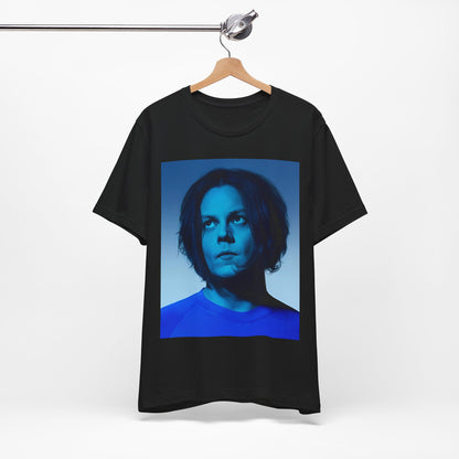 A black graphic t-shirt featuring a portrait photo of Jack White from The White Stripes.