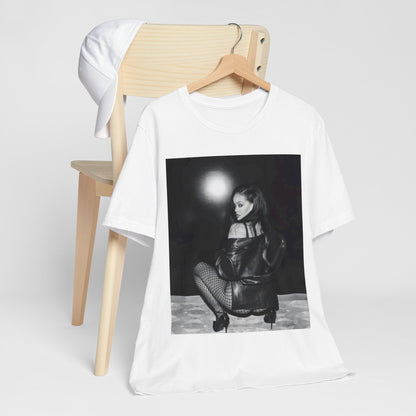 A black graphic t-shirt featuring a black and white sexy graphic of Rihanna.