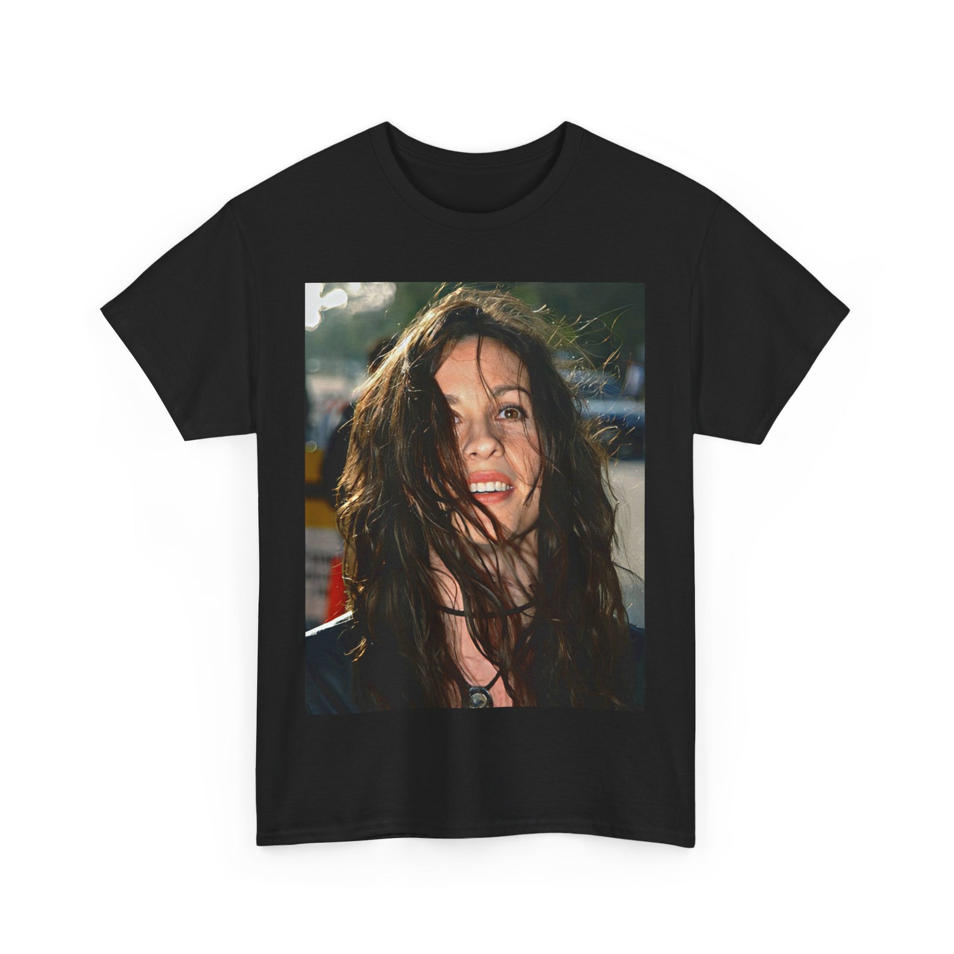 A black graphic t-shirt featuring a stylized graphic of Alanis Morissette from her 90s grunge era, with a raw and intense aesthetic.