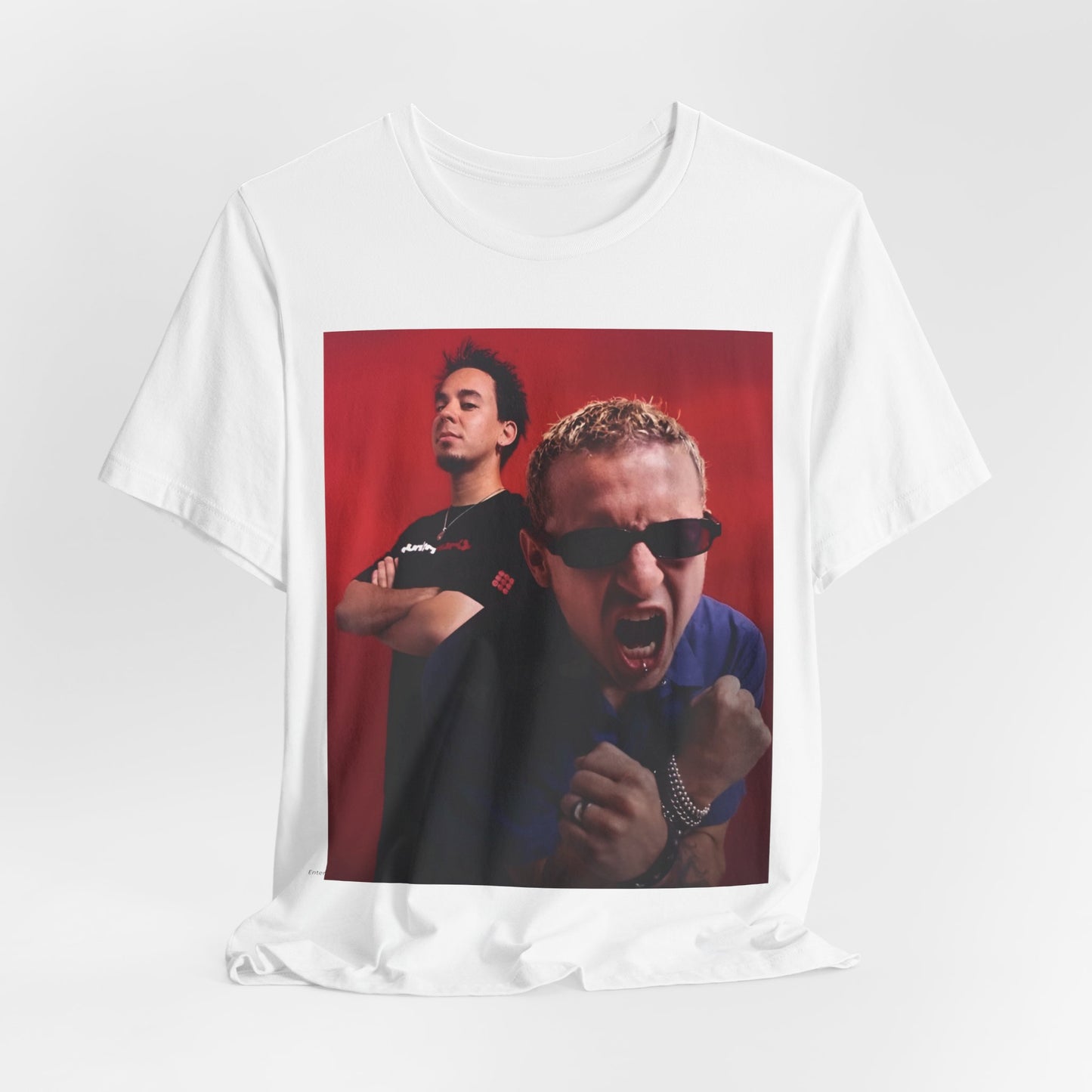 A black graphic t-shirt featuring a 2000s alt-rock aesthetic graphic of Linkin Park.