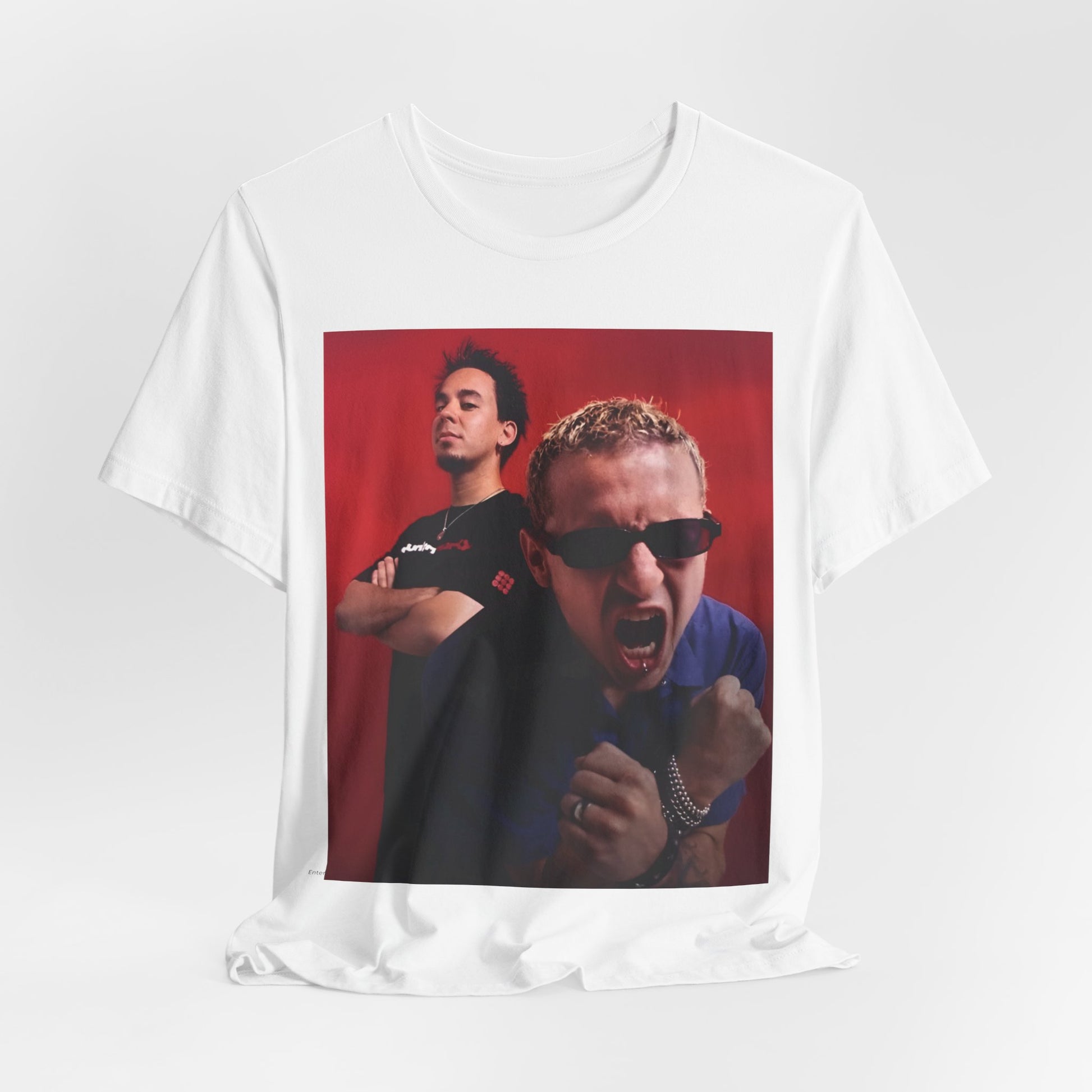 A black graphic t-shirt featuring a 2000s alt-rock aesthetic graphic of Linkin Park.