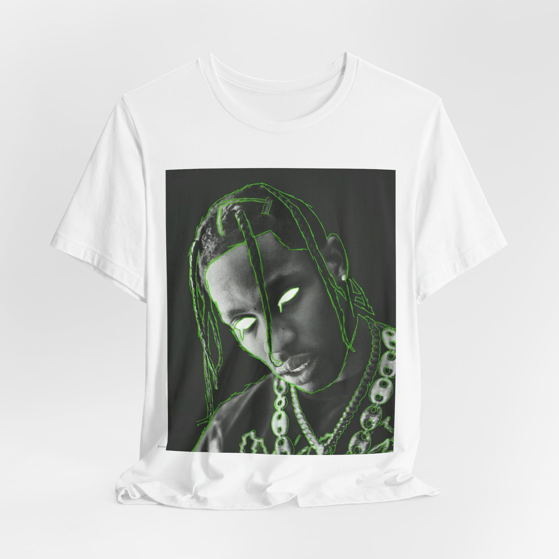 A black graphic t-shirt featuring a retro graphic related to Travis Scott's 'Sicko Mode' song or era.