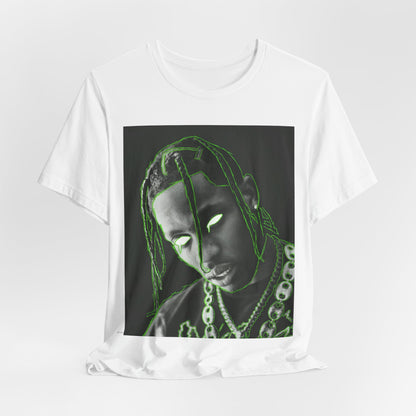 A black graphic t-shirt featuring a retro graphic related to Travis Scott's 'Sicko Mode' song or era.
