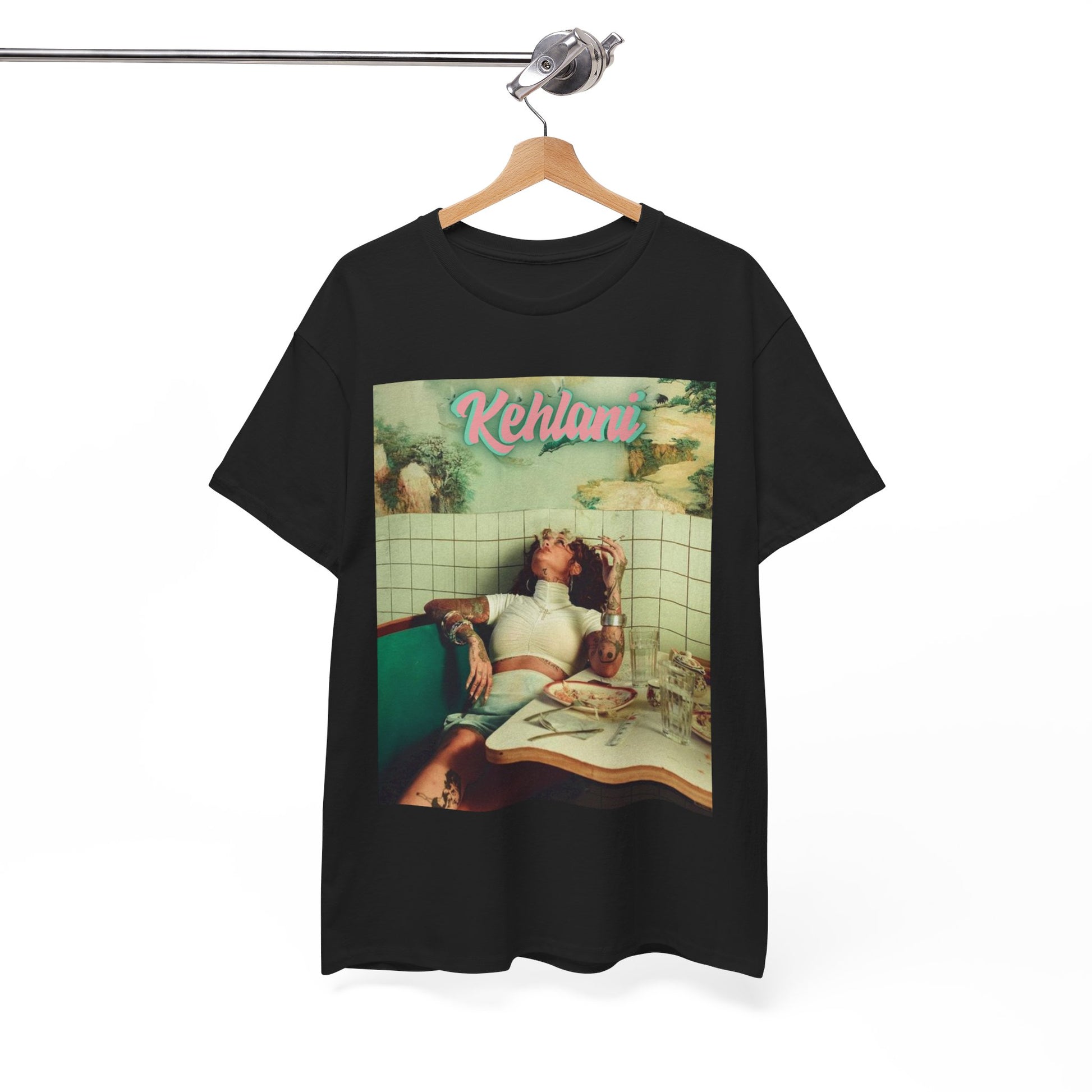 A black graphic t-shirt featuring a cool alt R&B artist graphic of Kehlani.