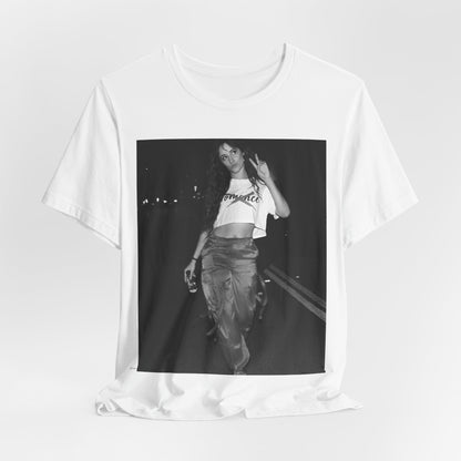 A black graphic t-shirt featuring a photo of Camila Cabello from her "Romance" album era.