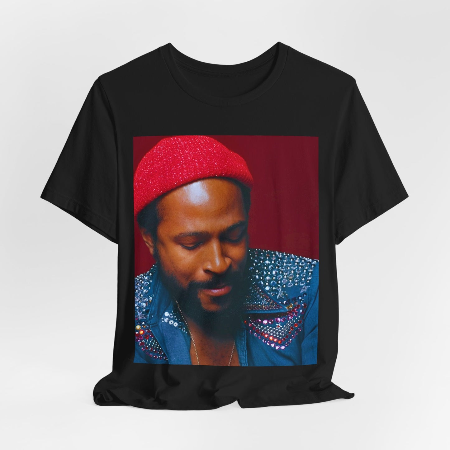 A black graphic t-shirt featuring a graphic related to Marvin Gaye's 'What's Going On' album era.