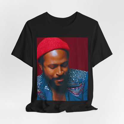 A black graphic t-shirt featuring a graphic related to Marvin Gaye's 'What's Going On' album era.