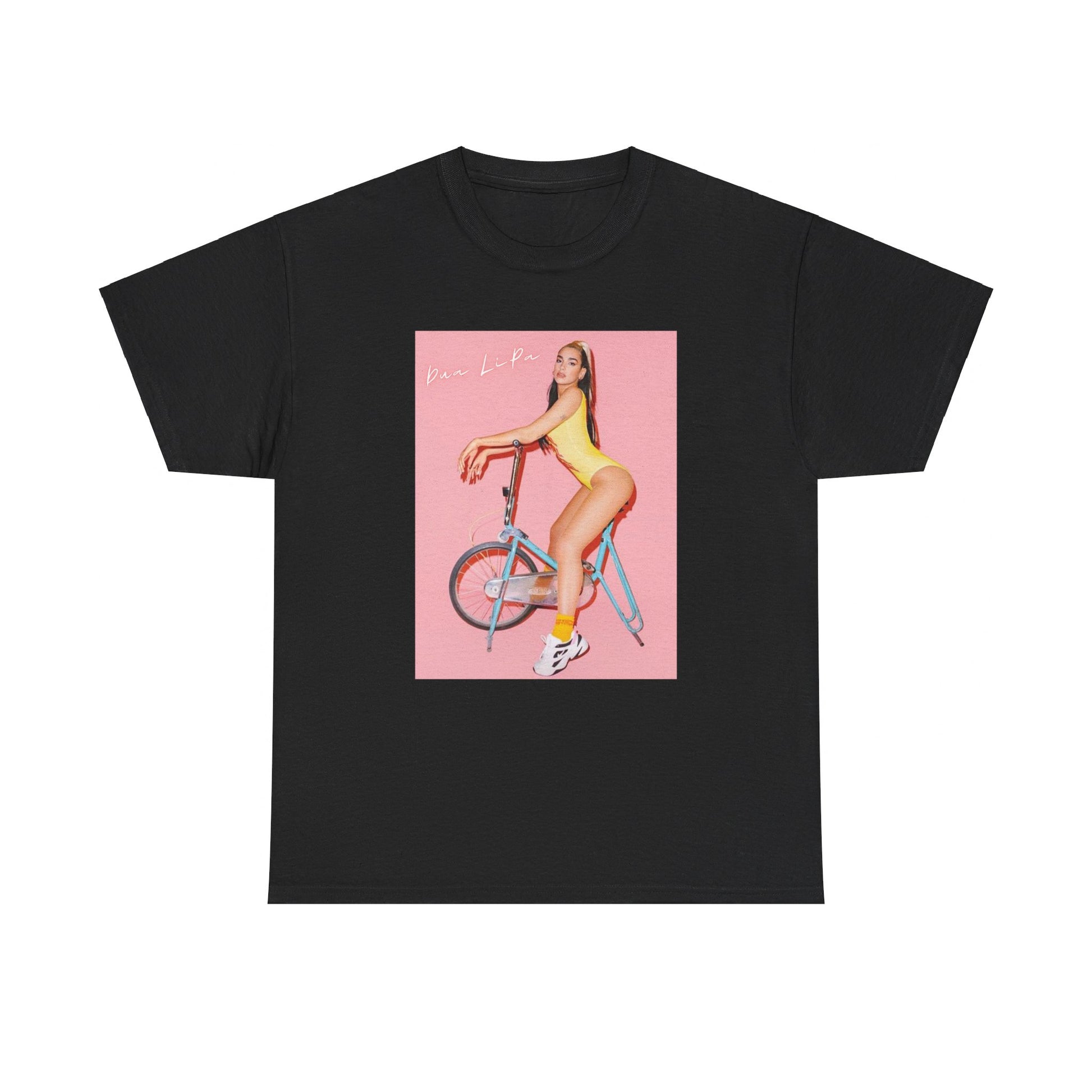 A black graphic t-shirt featuring a bold graphic inspired by Dua Lipa's "Physical" song, possibly with workout themes.