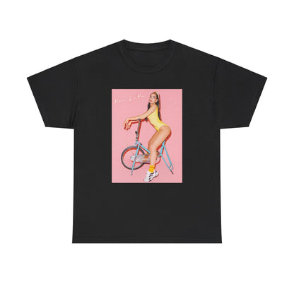 A black graphic t-shirt featuring a bold graphic inspired by Dua Lipa's "Physical" song, possibly with workout themes.