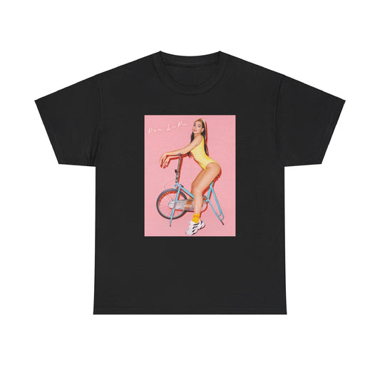 A black graphic t-shirt featuring a bold graphic inspired by Dua Lipa's "Physical" song, possibly with workout themes.