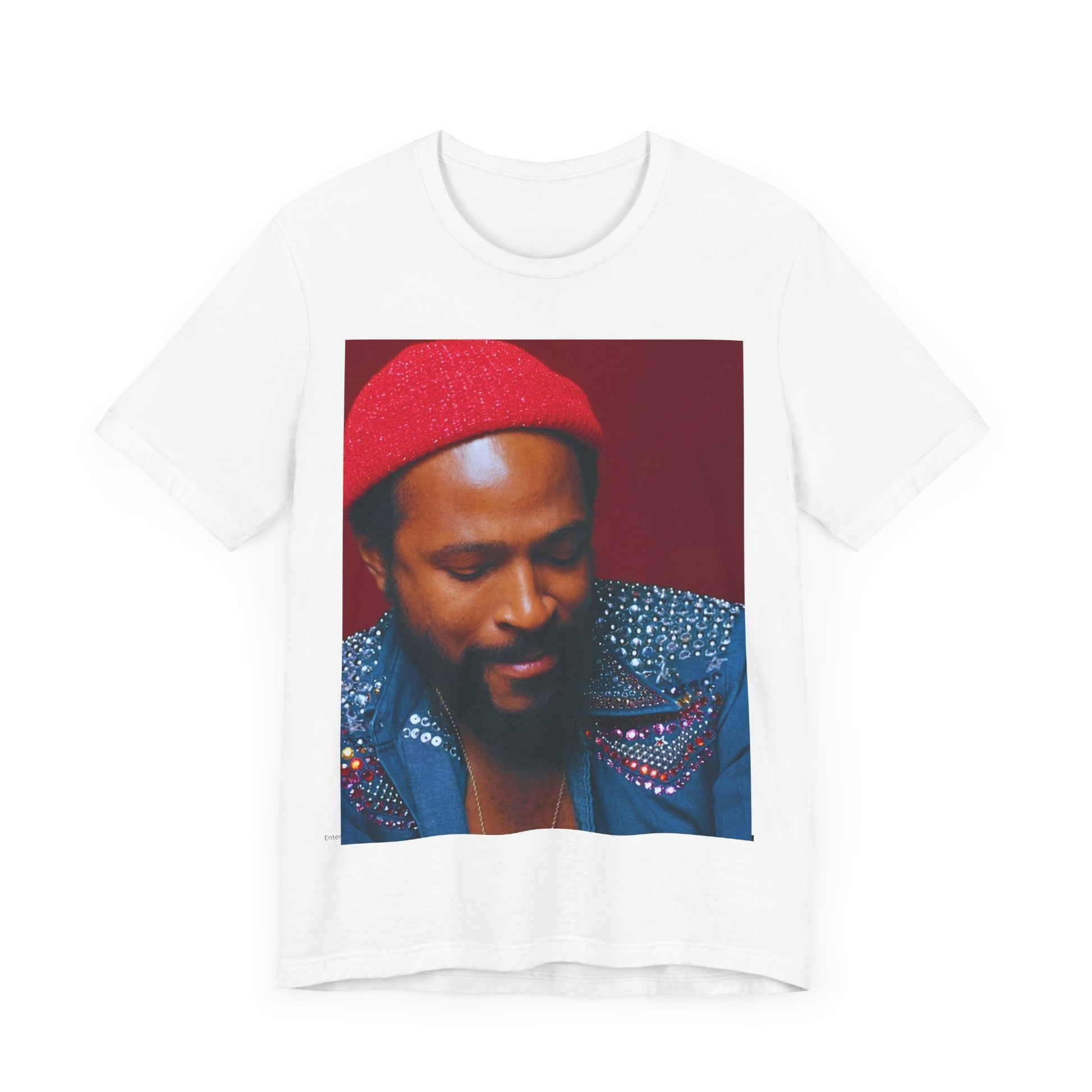 A black graphic t-shirt featuring a graphic related to Marvin Gaye's 'What's Going On' album era.