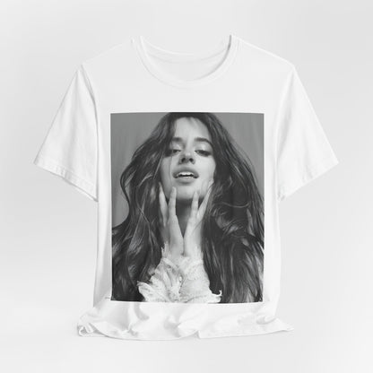 A black graphic t-shirt featuring a black and white portrait photo of Camila Cabello.