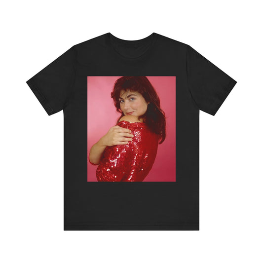 A black graphic t-shirt featuring a vintage graphic related to Laura Branigan's 'Self Control' song or era.