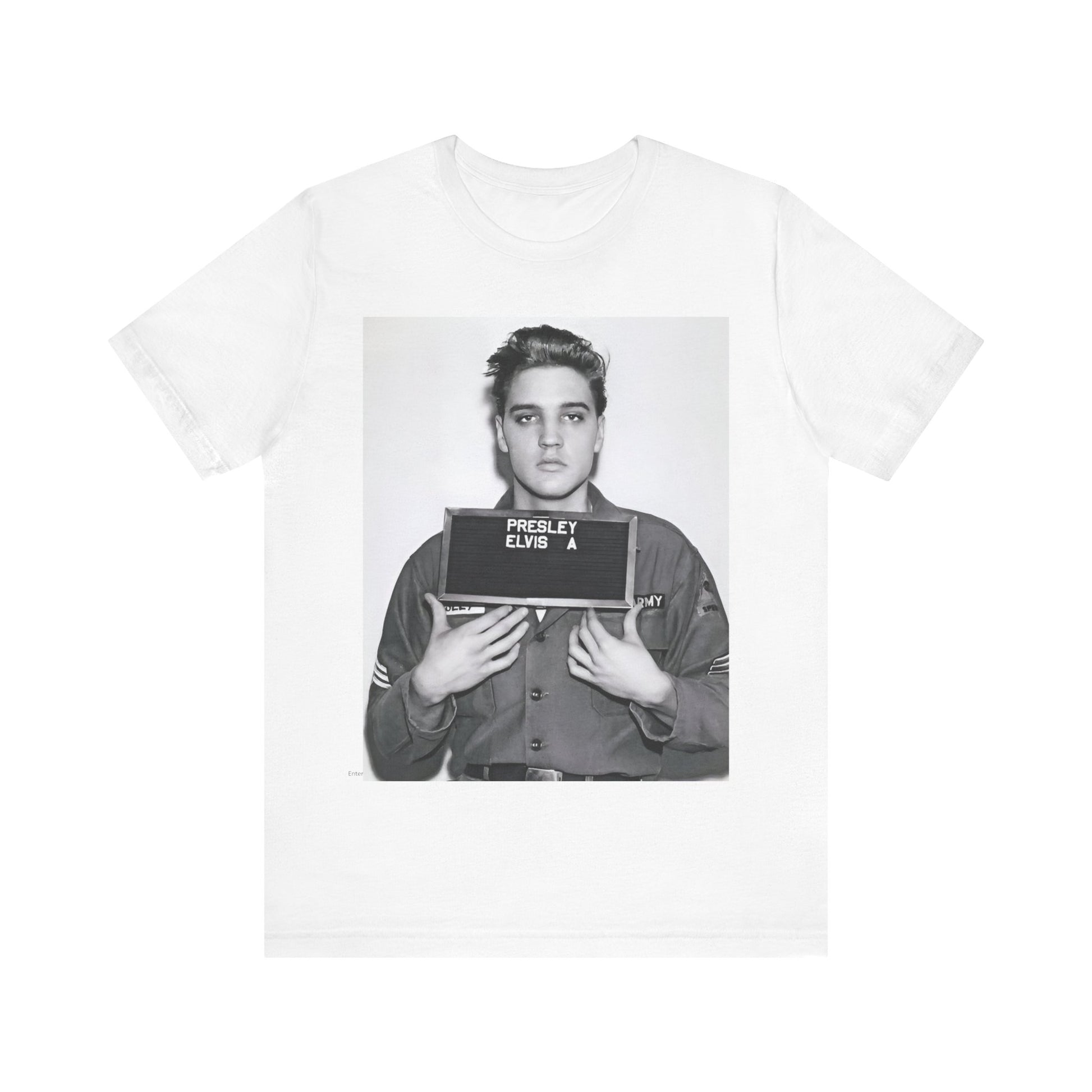 A black graphic t-shirt featuring a retro mugshot photo of Elvis Presley.