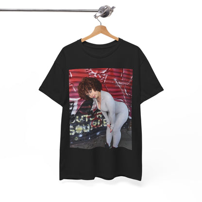 A black graphic t-shirt featuring a graphic of Ice Spice with text like 'No Flop Era'.