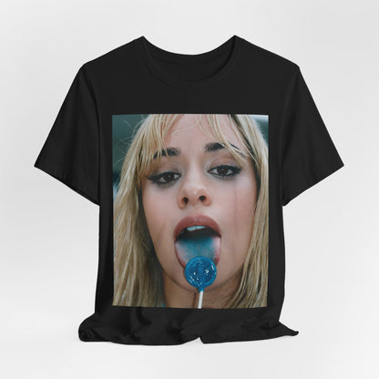 A black graphic t-shirt featuring a graphic related to Camila Cabello's C,XOXO album, with an aesthetic design.