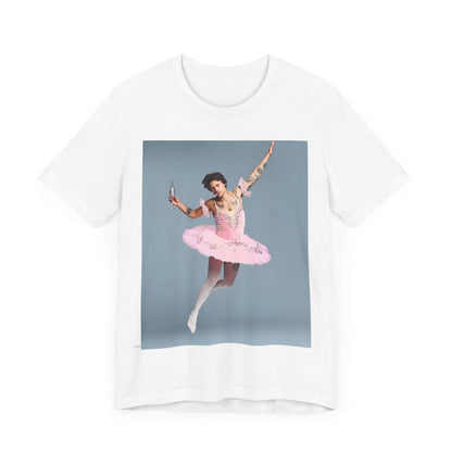 A black graphic t-shirt featuring a photo of Harry Styles in a ballet pose or setting.