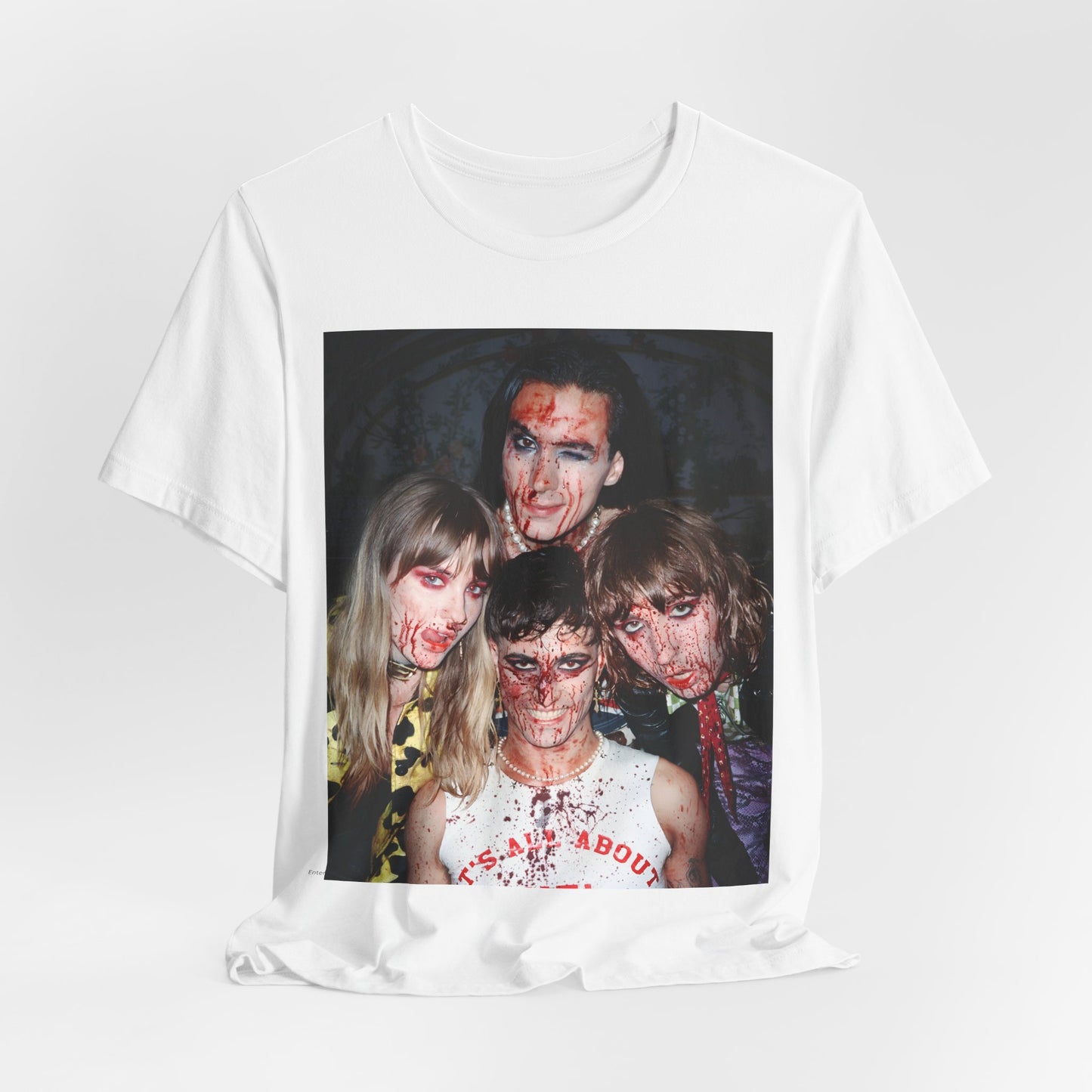 A black graphic t-shirt featuring a graphic of Maneskin celebrating their Eurovision win.