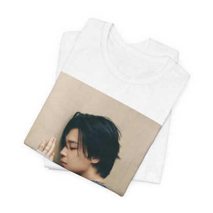 A black graphic t-shirt featuring a cool K-Pop idol essential graphic of Jimin.