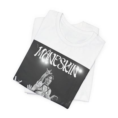 A black graphic t-shirt featuring a graphic or photo of Maneskin performing live.
