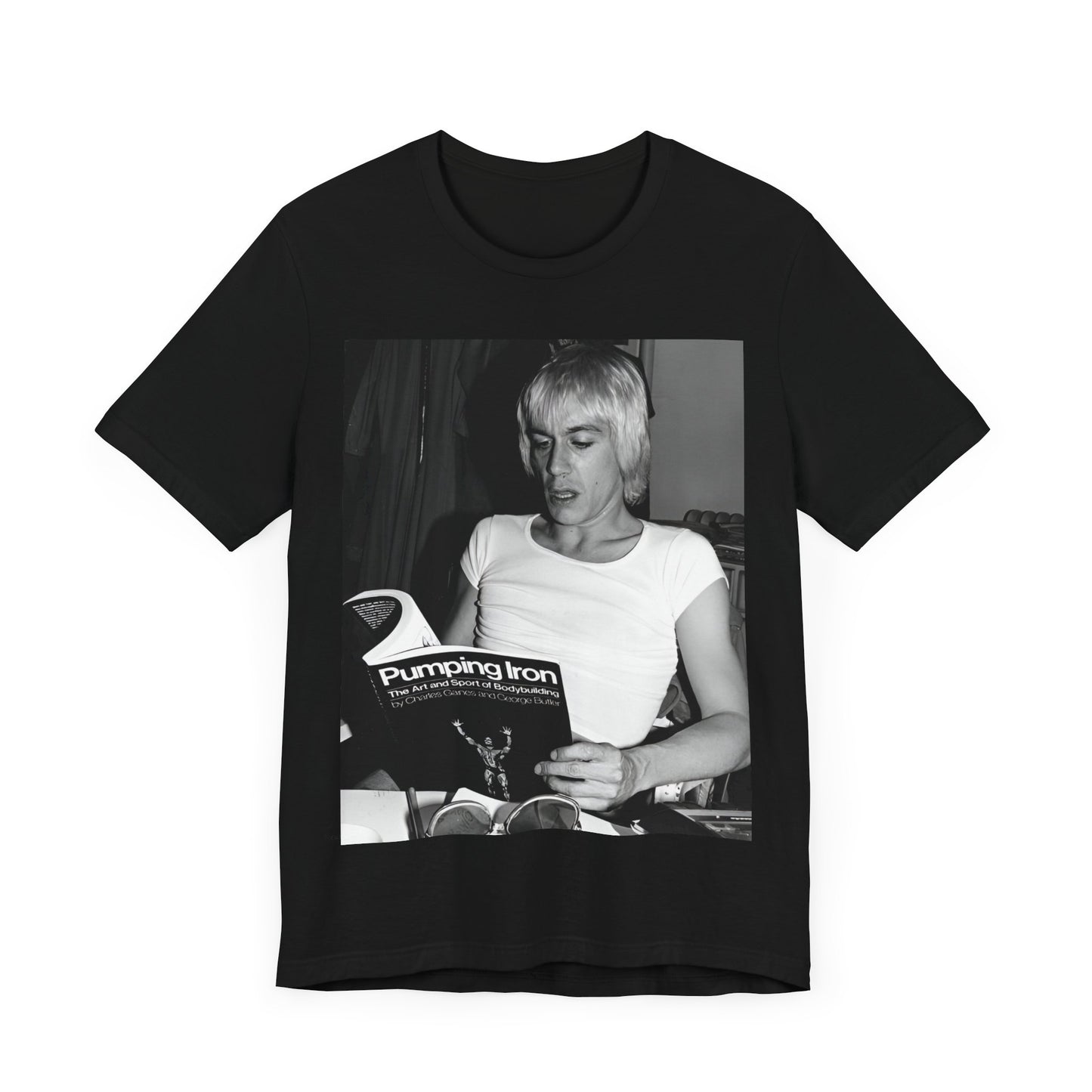 A black graphic t-shirt featuring a 70s classic photo of Iggy Pop and The Stooges.