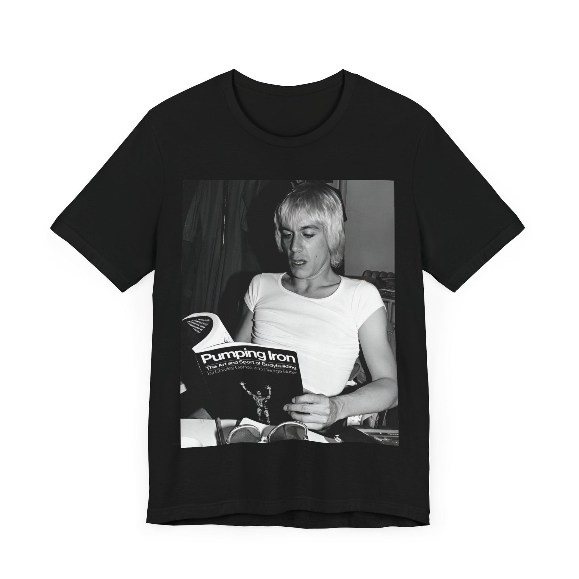 A black graphic t-shirt featuring a 70s classic photo of Iggy Pop and The Stooges.