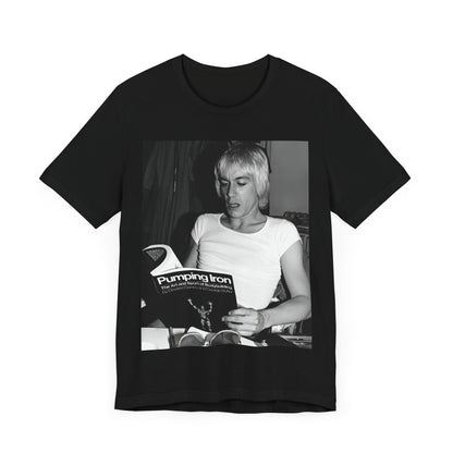 A black graphic t-shirt featuring a 70s classic photo of Iggy Pop and The Stooges.