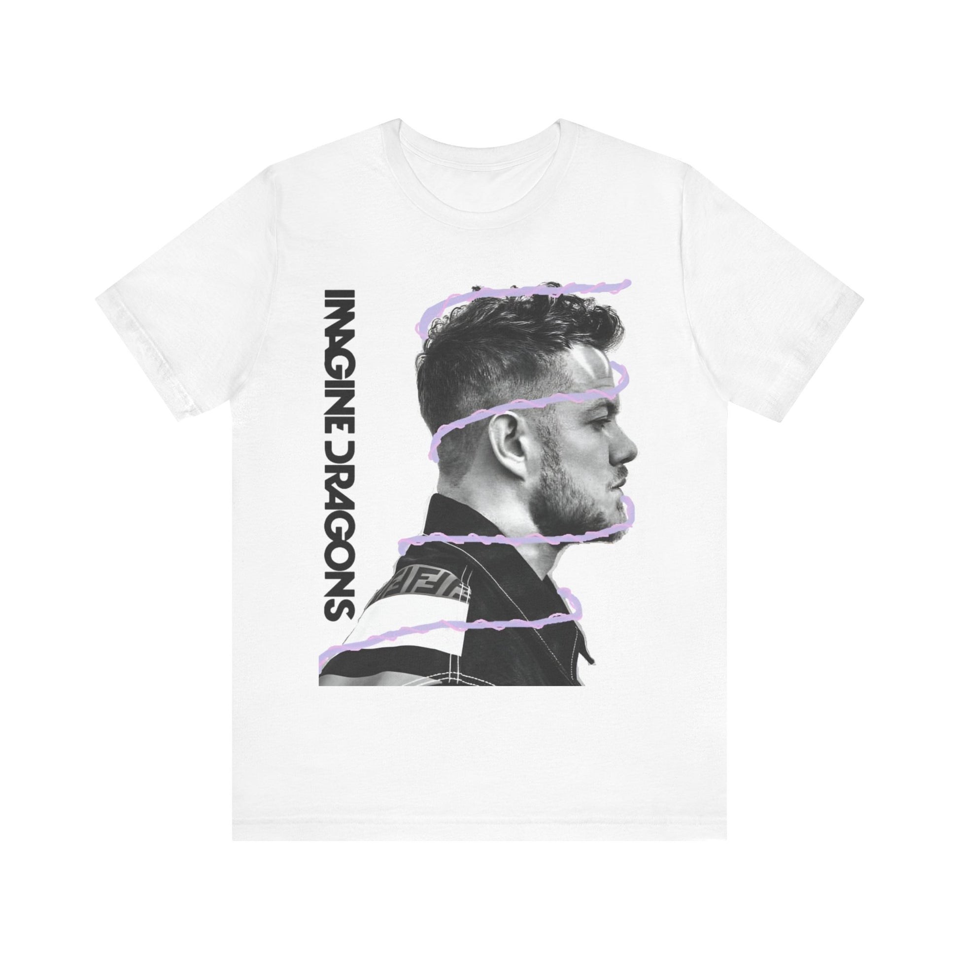 A black graphic t-shirt featuring a graphic of Imagine Dragons designed with a modern alt rock spirit.