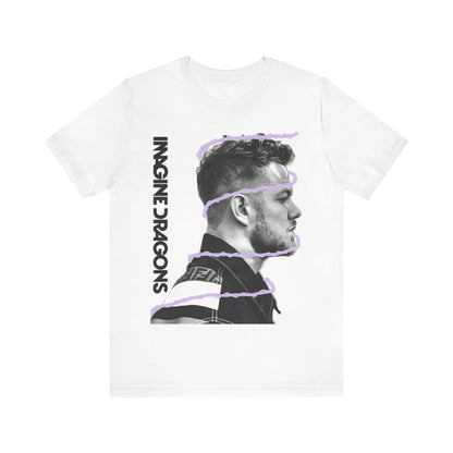 A black graphic t-shirt featuring a graphic of Imagine Dragons designed with a modern alt rock spirit.