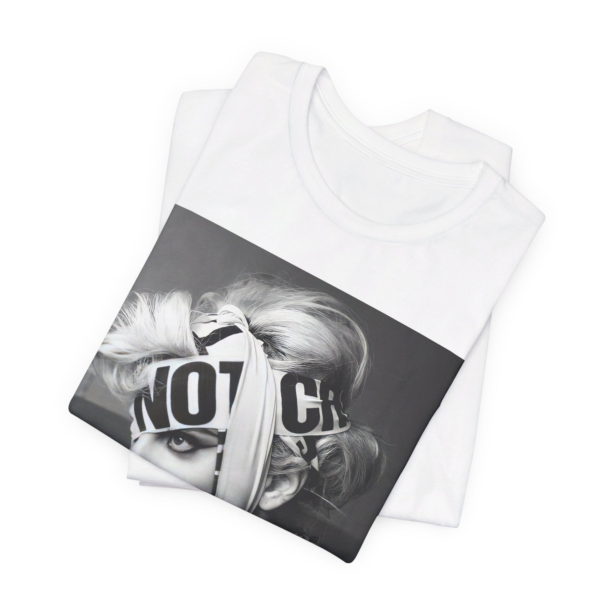 A black graphic t-shirt featuring a glam graphic related to Lady Gaga's 'Born This Way' album era.