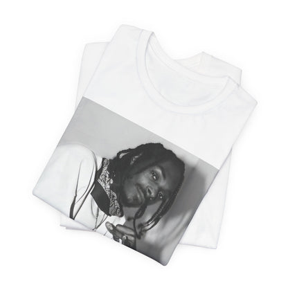 A black graphic t-shirt featuring a black and white hip hop graphic or photo of Snoop Dogg.