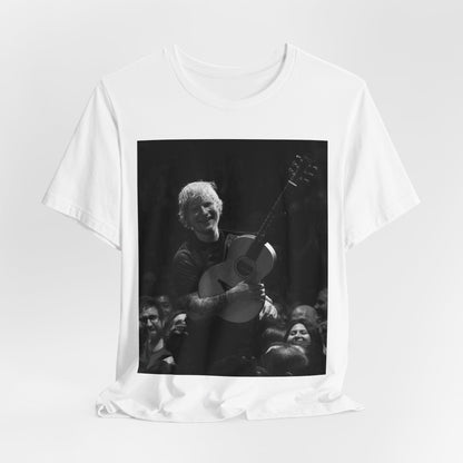 A black graphic t-shirt featuring a photo of Ed Sheeran performing live with his guitar.