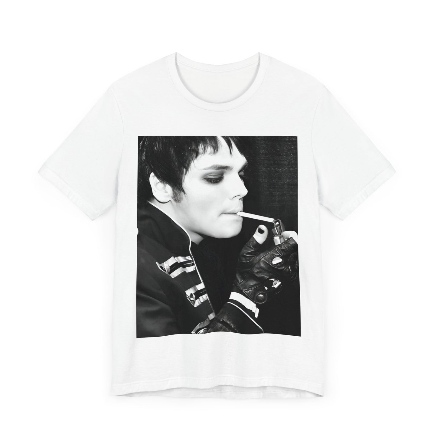 A black graphic t-shirt featuring a black and white graphic or photo of My Chemical Romance in a backstage setting.