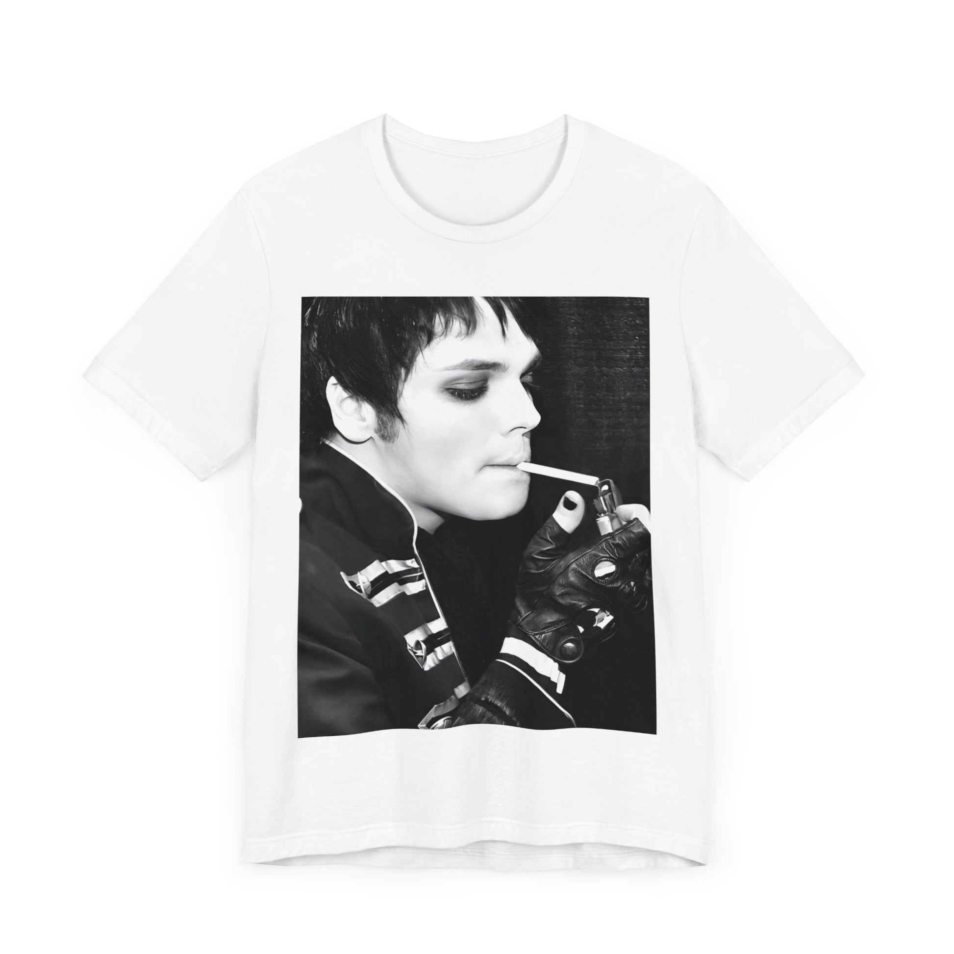 A black graphic t-shirt featuring a black and white graphic or photo of My Chemical Romance in a backstage setting.